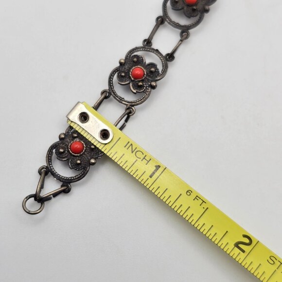 Antique 800 Silver Floral Link Bracelet 7.25" Red Coral Accents *48 DA Hallmark - Picture 11 of 15